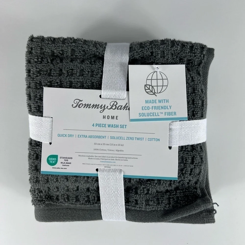 Tommy Bahama Home Northern Pacific - 4 Piece Washcloth Set Charcoal Grey NEW